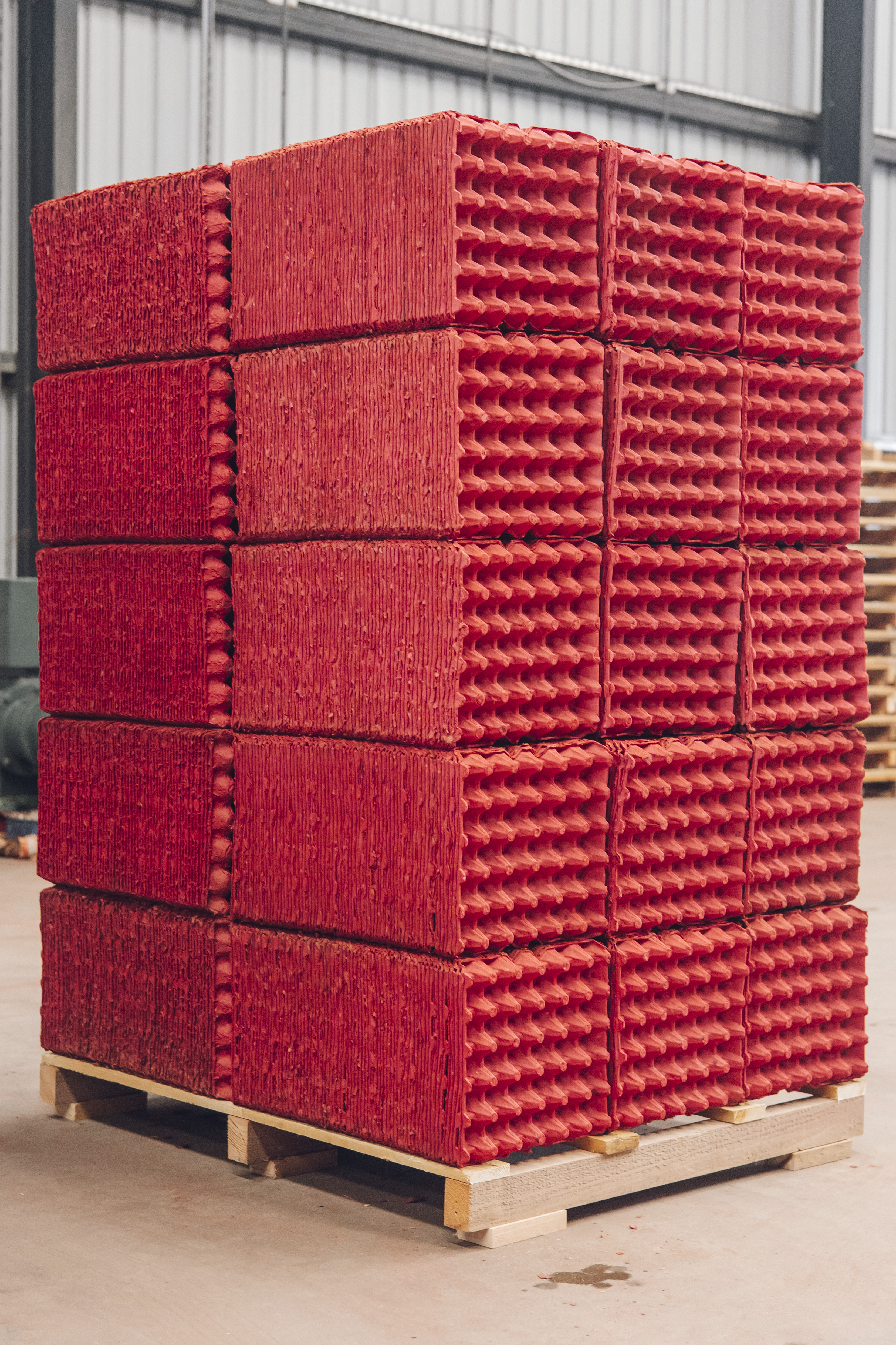 Pallet de maples de huevo de celulosa moldeada apilados y listos para despacho